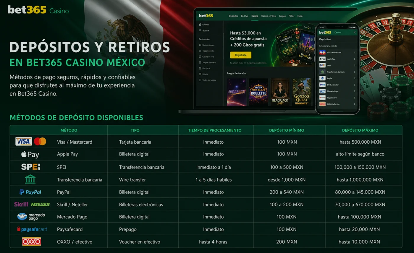 Depósitos y retiros en Bet365 Casino México